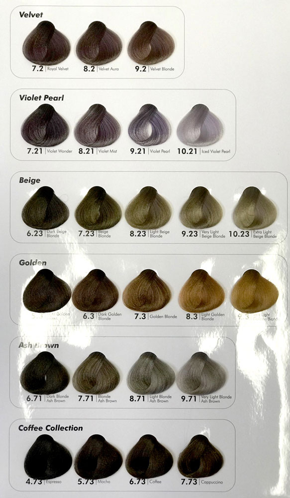 Cristalli Hair Colour Chart (Velvet, Violet Pearl, Beige, Golden, Ash Brown, Coffee Collection)