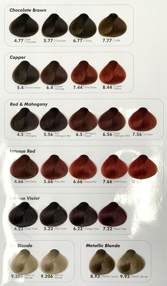 Cristalli Hair Colour Chart (Chocolate Brown, Copper, Red and Mahogany, Intense Red, Intense Violet, Blonde, Metallic Blonde)