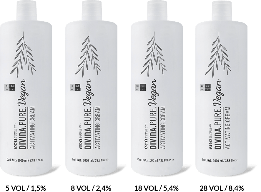 Divina.Pure activating cream in four levels: 5, 8, 18 and 28 volume