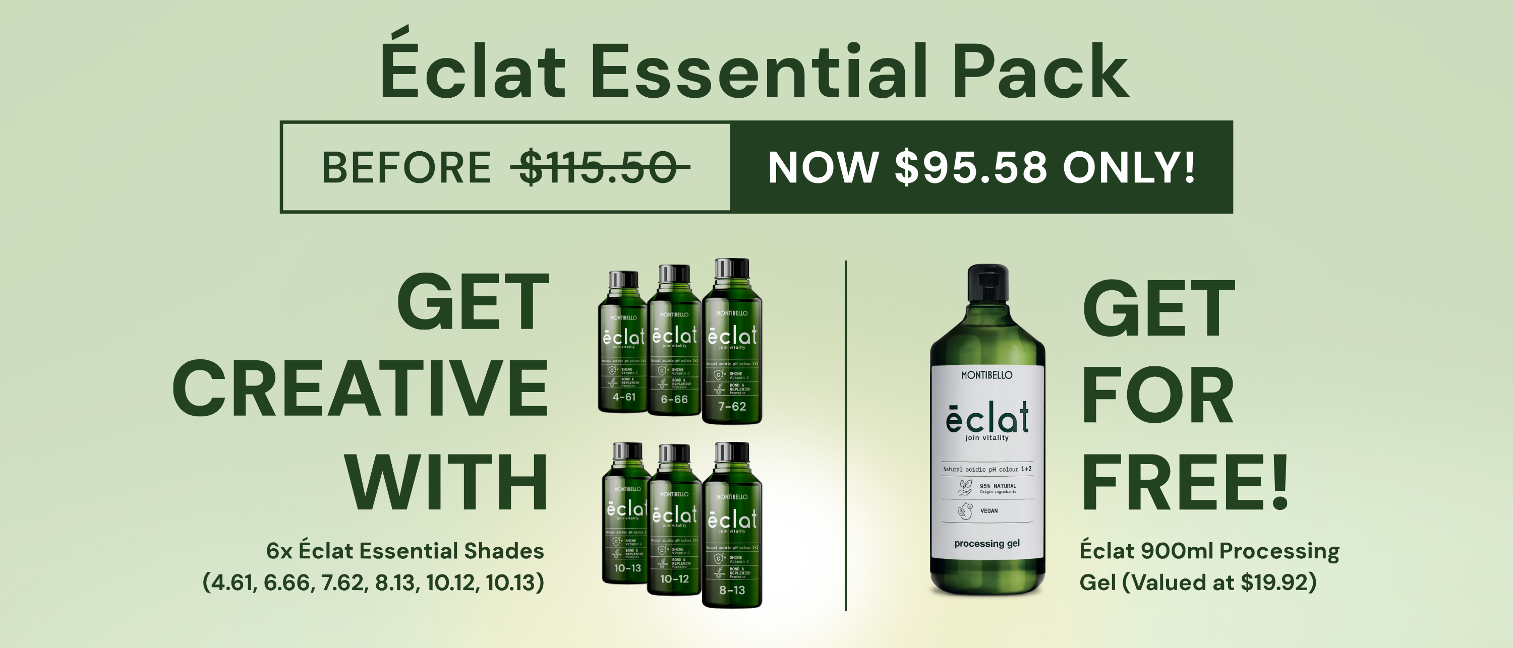Éclat Essential Pack — before $115.50, now $95.58: six Éclat essential shades plus a free 900ml processing gel