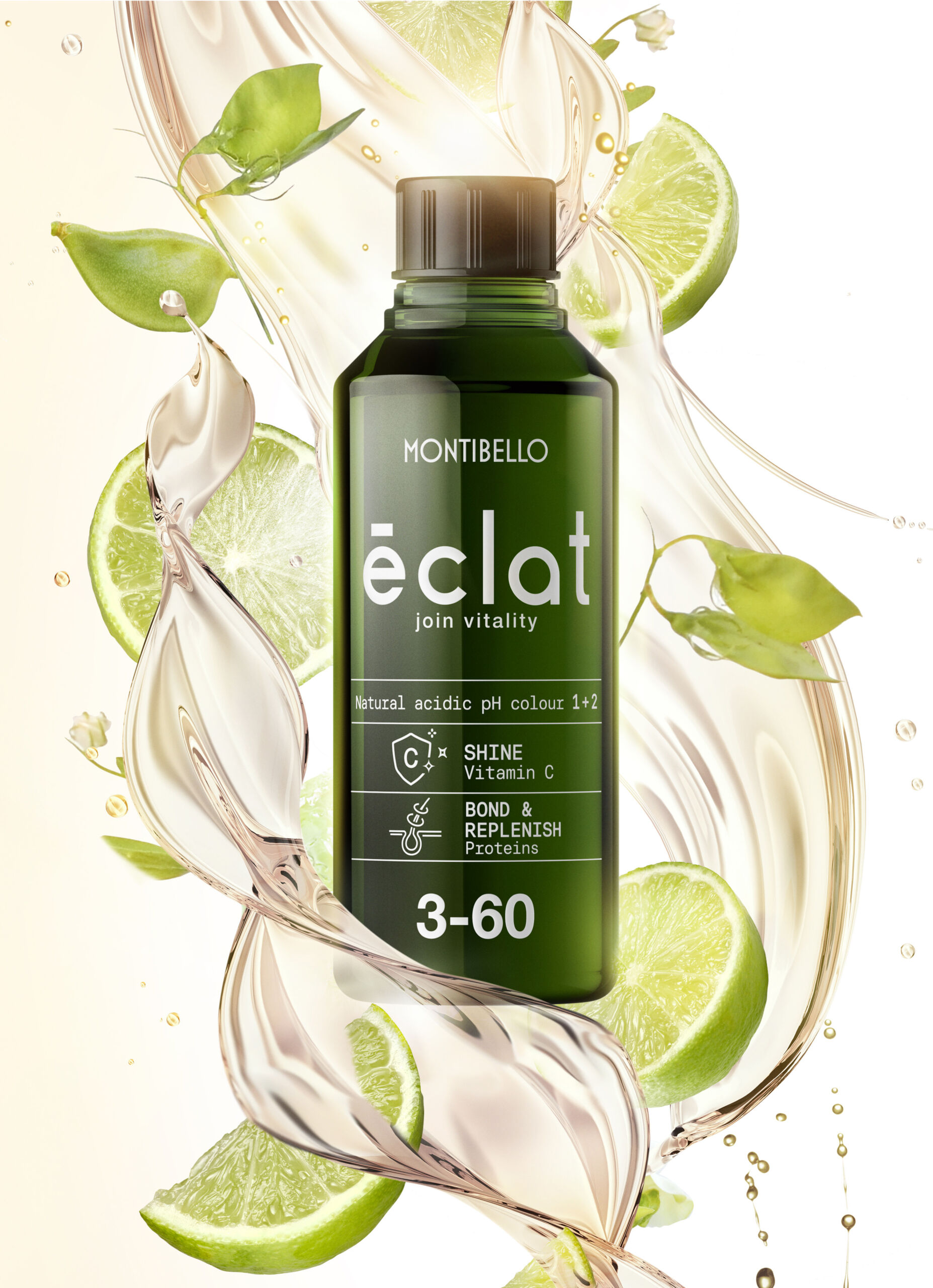 Éclat 3-60 bottle among limes and swirling liquid