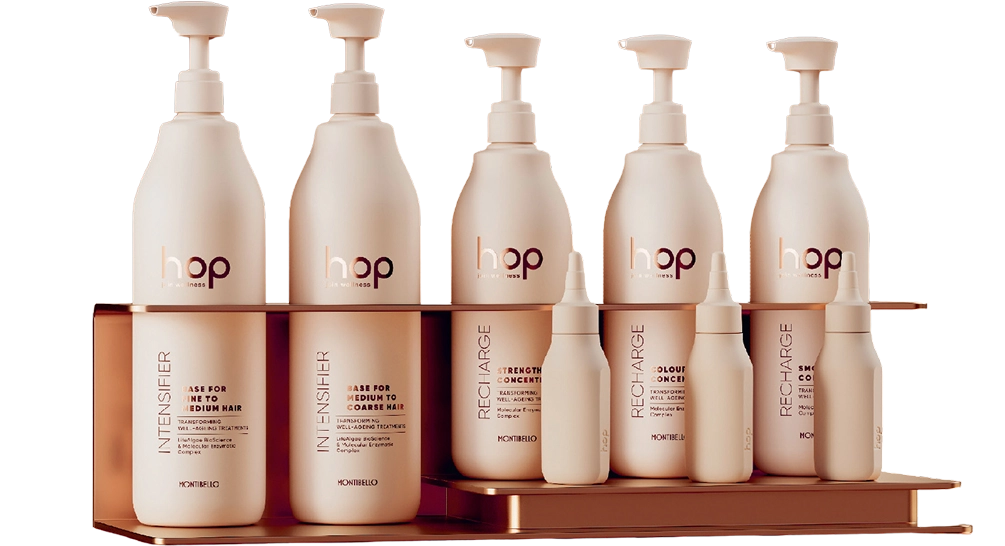 The Hop Treatment range on a salon display shelf