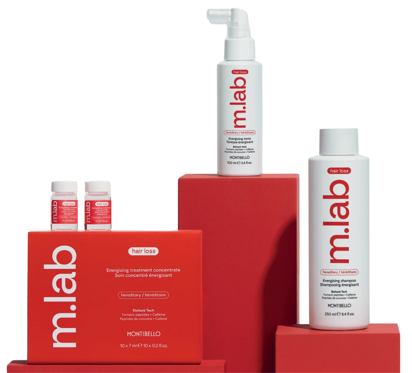 Montibello m.lab hair loss product range on red pedestals.