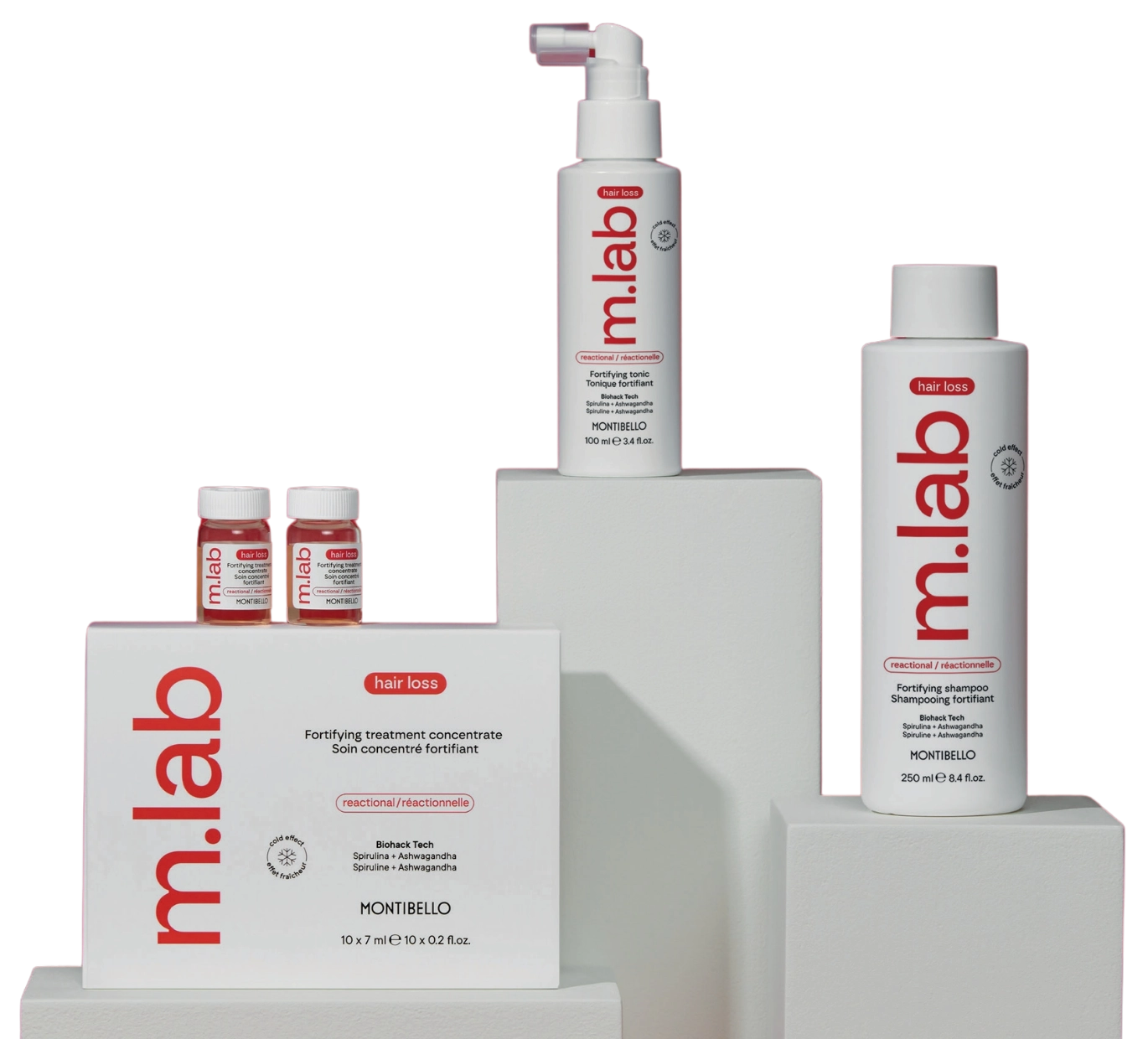 Montibello m.lab fortifying hair products on white pedestals.