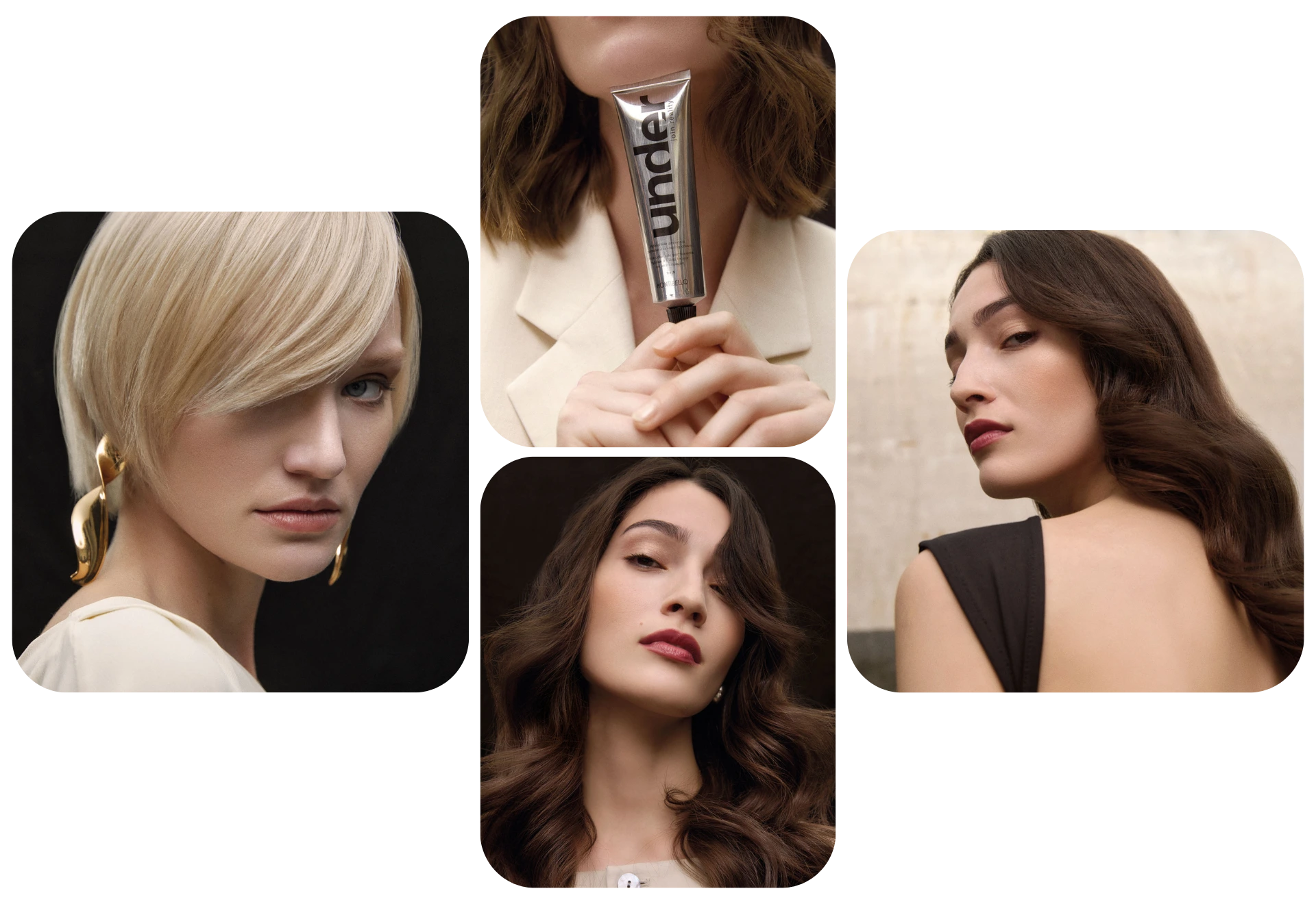 Three Under models: platinum blonde, brunette holding the tube, and dark brown