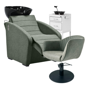 Sage green reclining shampoo unit with a white styling station standing behind it