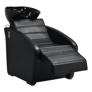 Black shampoo unit with a padded reclining seat and a black tilting basin
