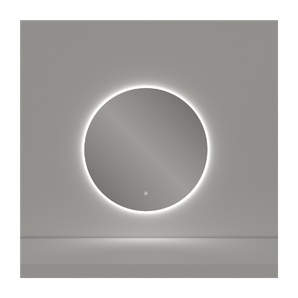 Round backlit salon mirror glowing against a grey wall