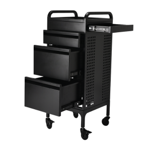 Black salon trolley with three pull out drawers and a side tool rack
