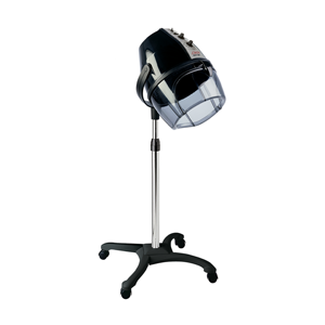 Acrobat hooded pedestal dryer in black on a chrome stand with a castor base
