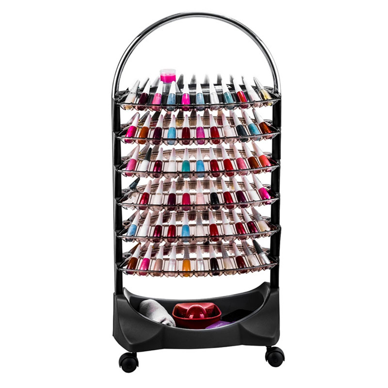 Nail polish trolley on castors with six tiered racks of polish bottles