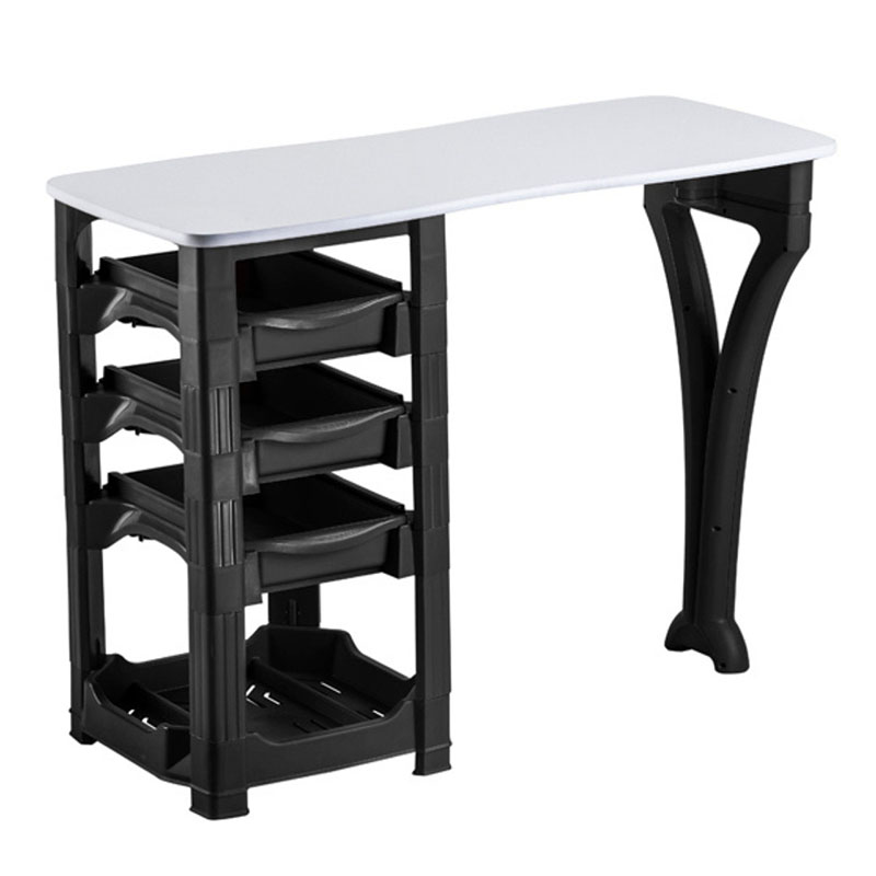 Muse manicure table with a white top, black legs and a built in drawer stack