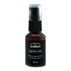 Traditional Barbers Shave Oil in a 30ml amber pump bottle