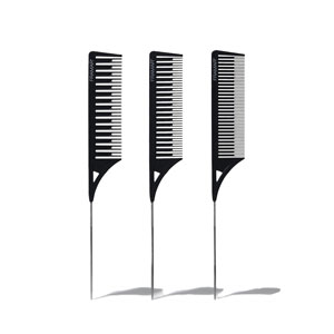 Three Framar Dreamweaver black tail combs with metal pintails, in three tooth widths