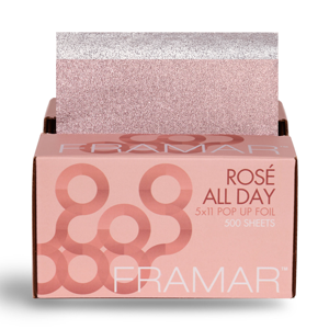 Framar Rosé All Day 5x11 pop up foil, a rose gold box with a glitter sheet rising from it