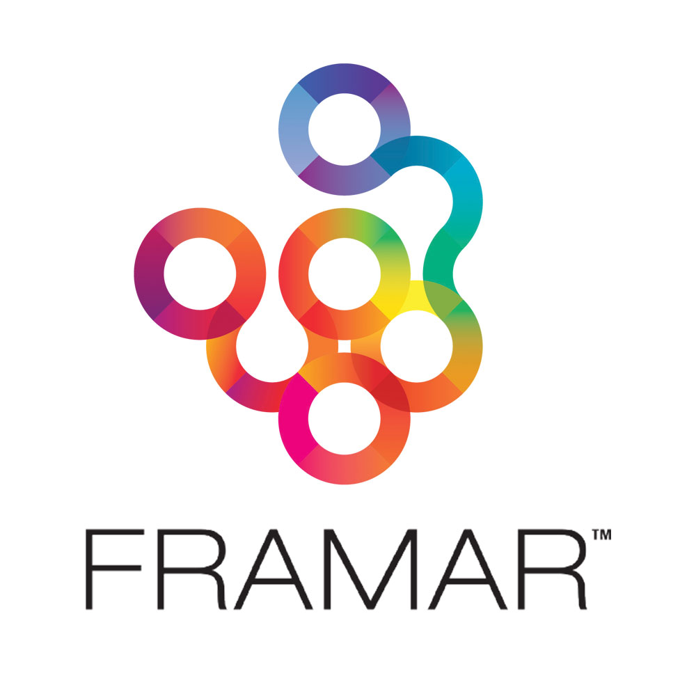Framar logo, a cluster of rainbow rings above the Framar wordmark
