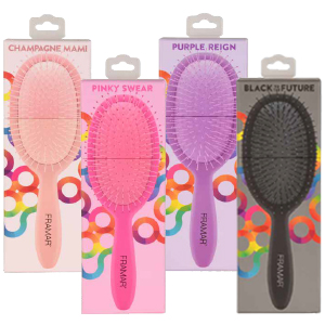 Four Framar detangle brushes in champagne, pink, purple and black