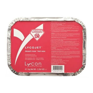 Lycojet Desert Rose hot wax in a one kilogram foil tray with a red label
