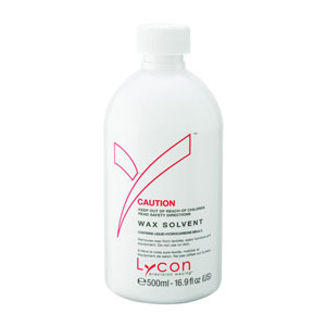 Lycon wax solvent in a 500ml white bottle with a pink motif