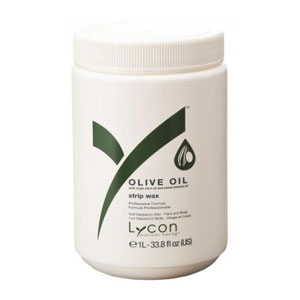Lycon Olive Oil strip wax in a one litre white tub with a green leaf motif