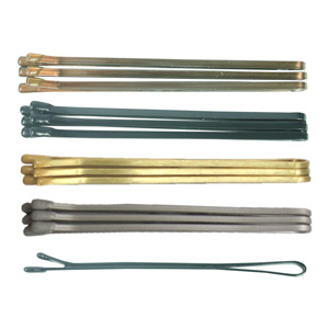 Three inch bobby pins in bronze, black, gold and silver, with a single crimped pin below