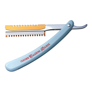 Feather Custom shaper razor in pale blue with its guard and blade beside it