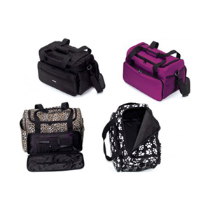 Four Wahl tool bags in black, magenta, leopard print and floral
